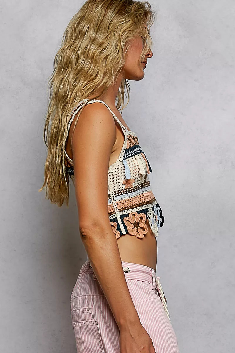 POL Cutout Flower Cropped Crochet Cami with with Dangle Detail
