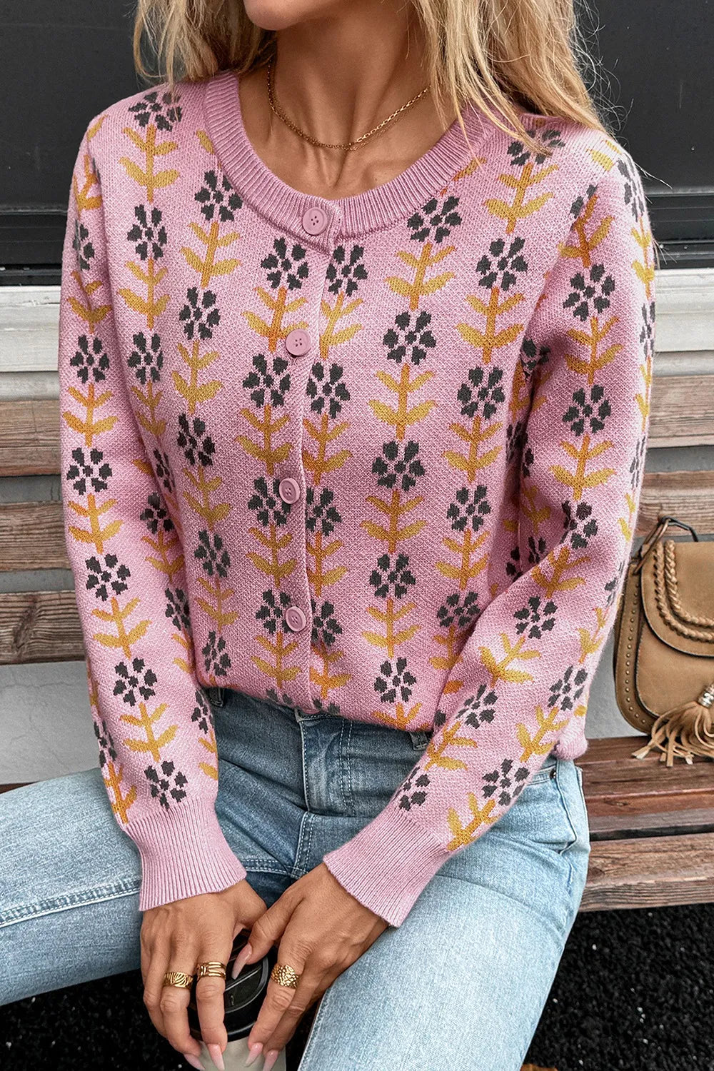 Floral Button-Up Knit Cardigan
