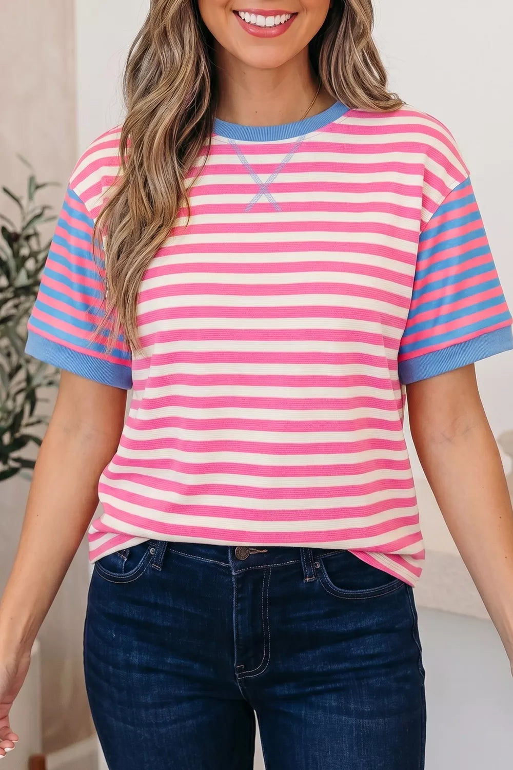 Stripe Contrast Patchwork Short Sleeve Loose Tee