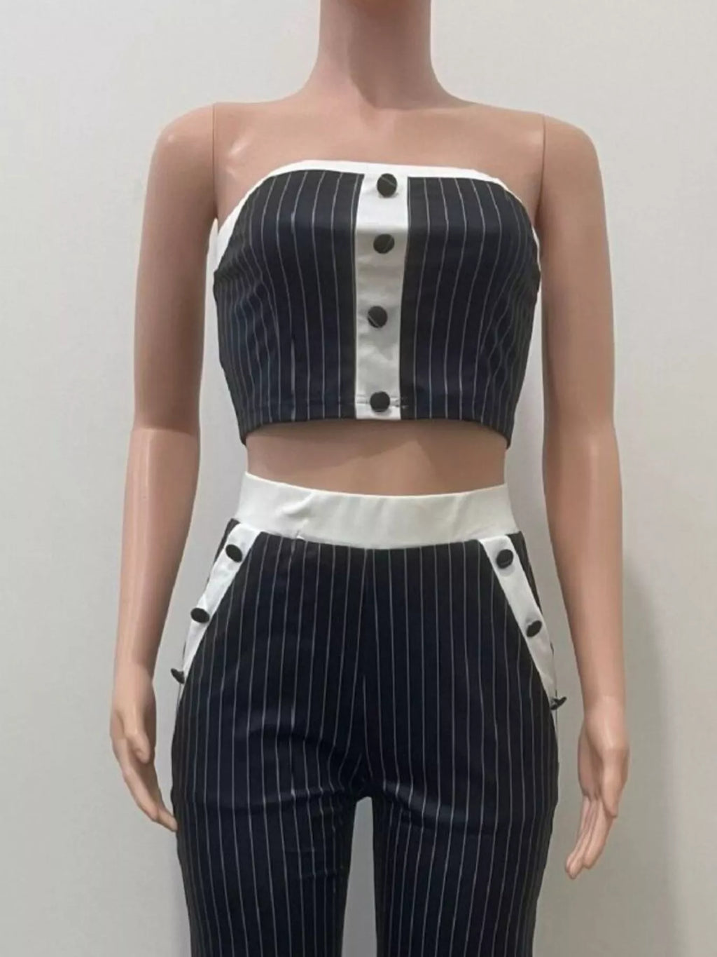 Striped Strapless Crop Top and Wide-Leg Pants Set