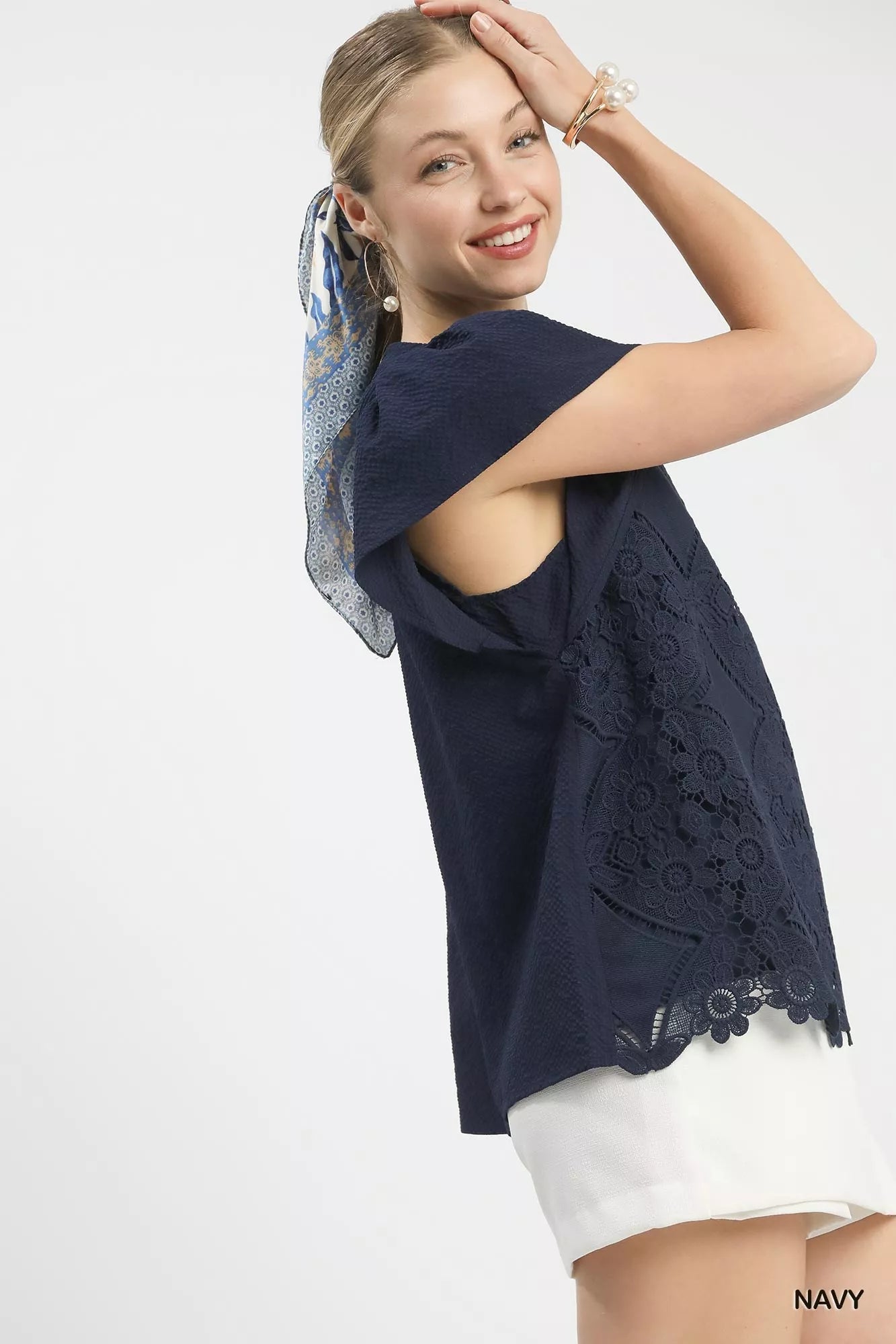 Umgee Floral Lace Overlay Flutter Sleeve Top