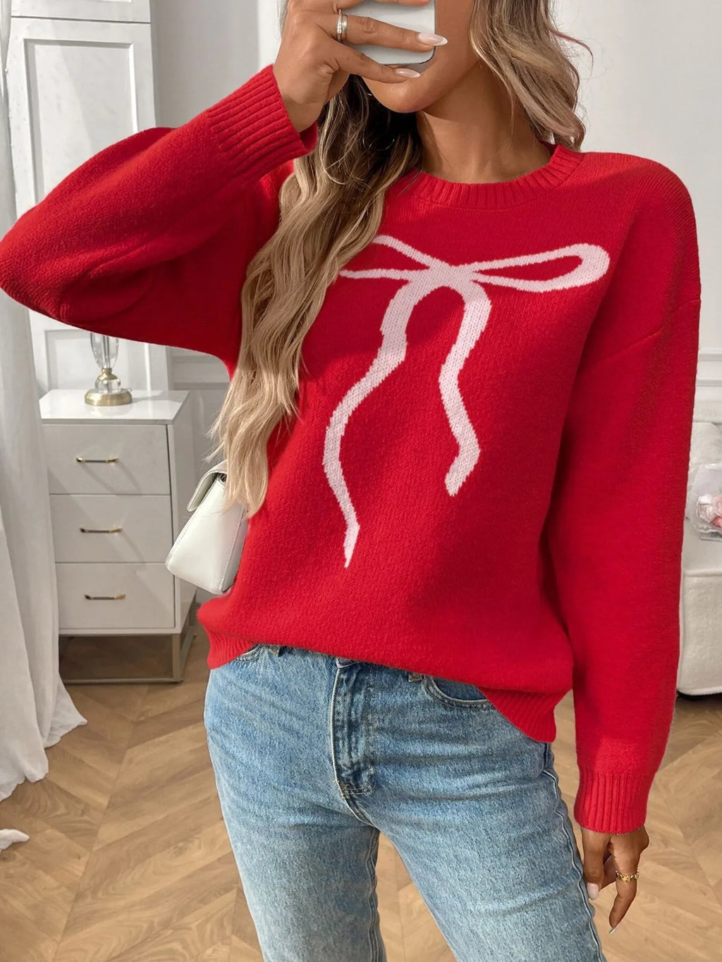 Bow Graphic Ribbed Hem Round Neck Sweater