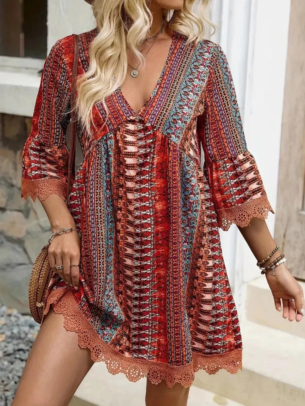 Printed V-Neck A-Line Dress