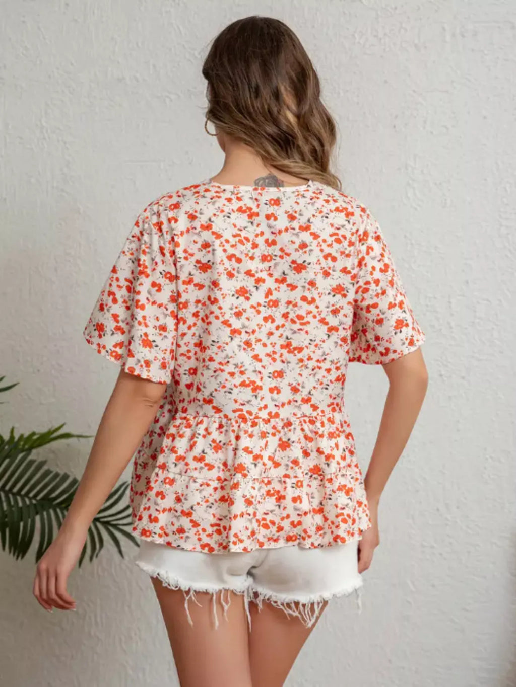 Floral Print V-Neck Ruffle Sleeve Peplum Blouse