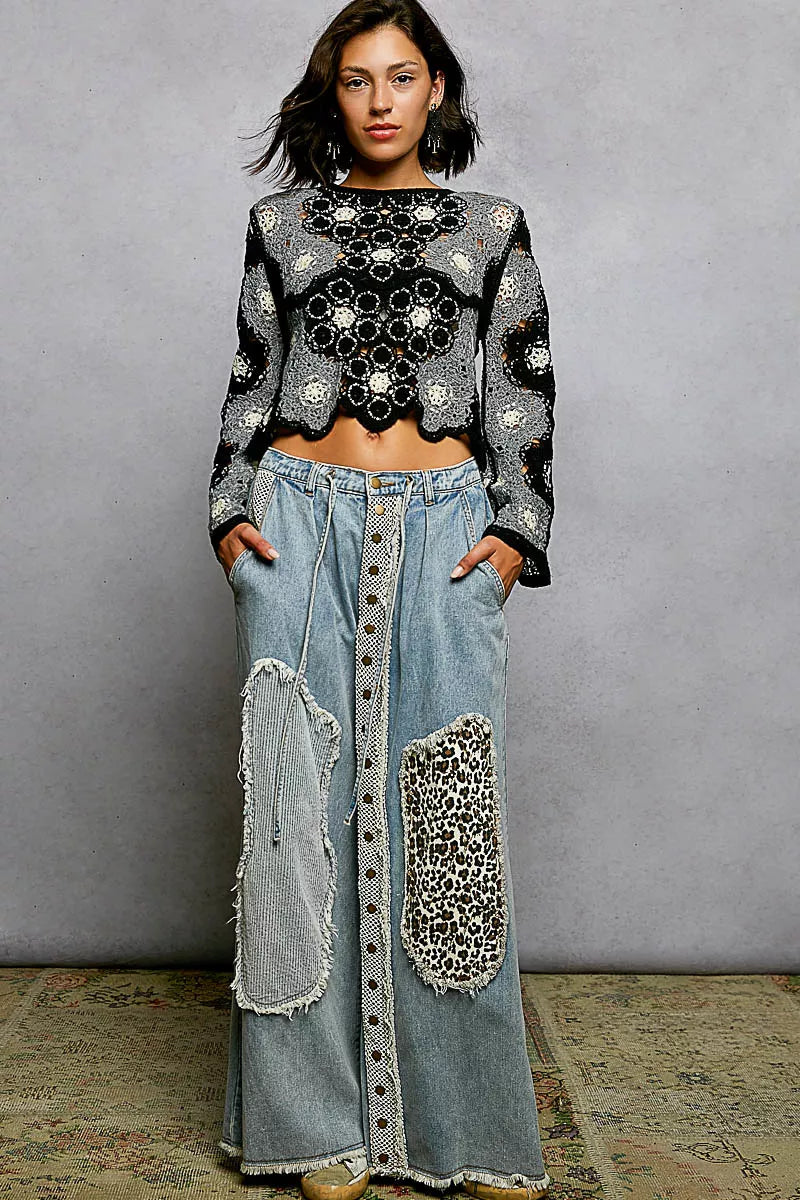 POL Floral Weave Pattern Crochet Cropped Top with Beads Detail
