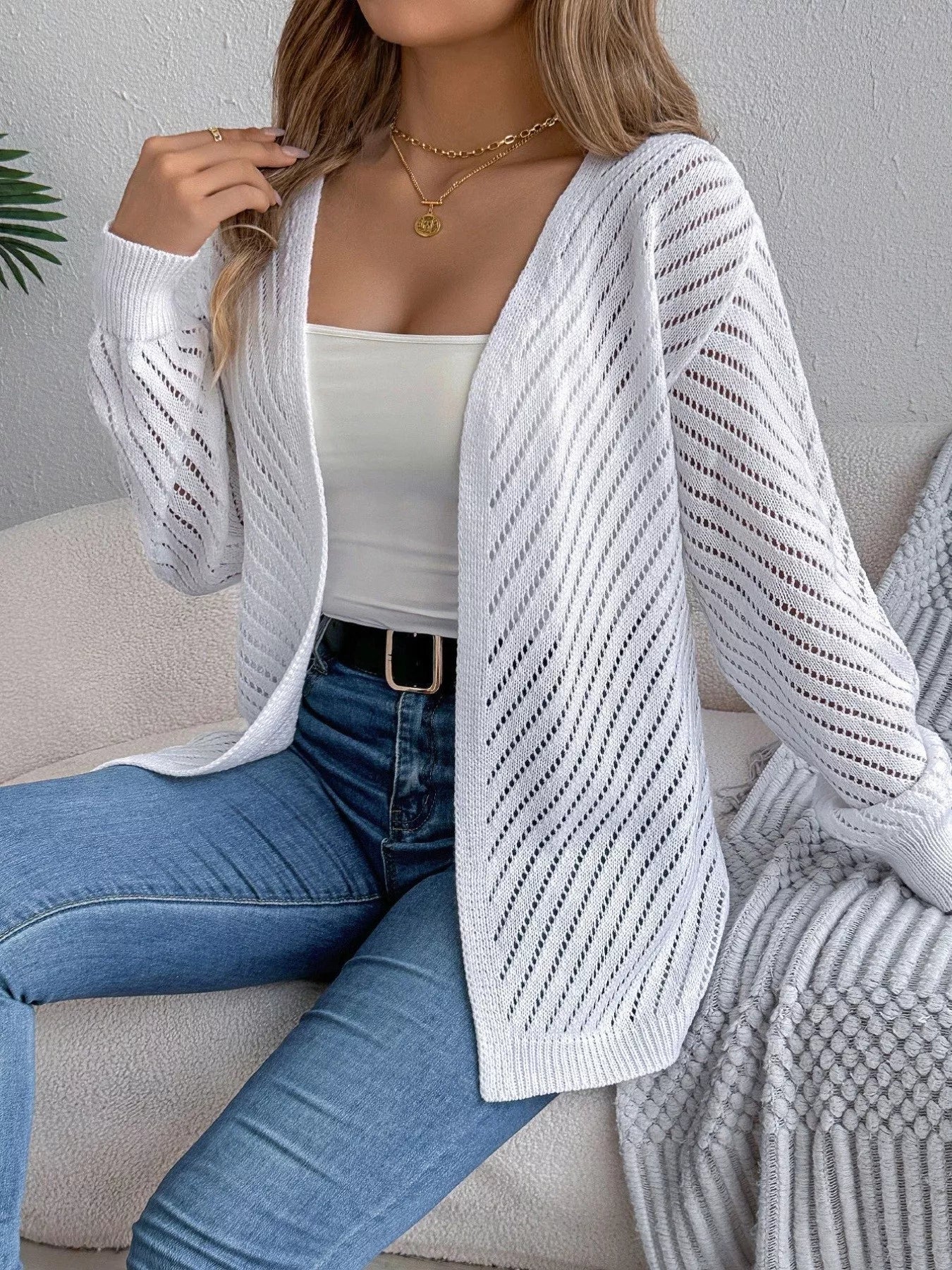 Openwork Open-Front Long Sleeve Cardigan