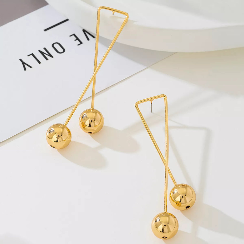 Modern Geometric Triangle Gold Ball Drop Earrings