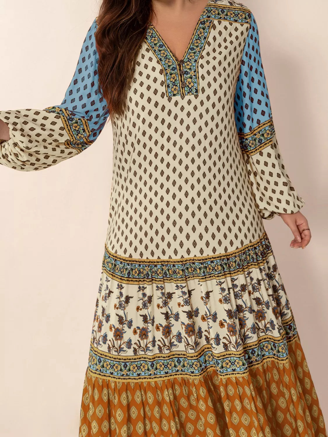 Bohemian Mixed Print Long Sleeve Maxi Dress