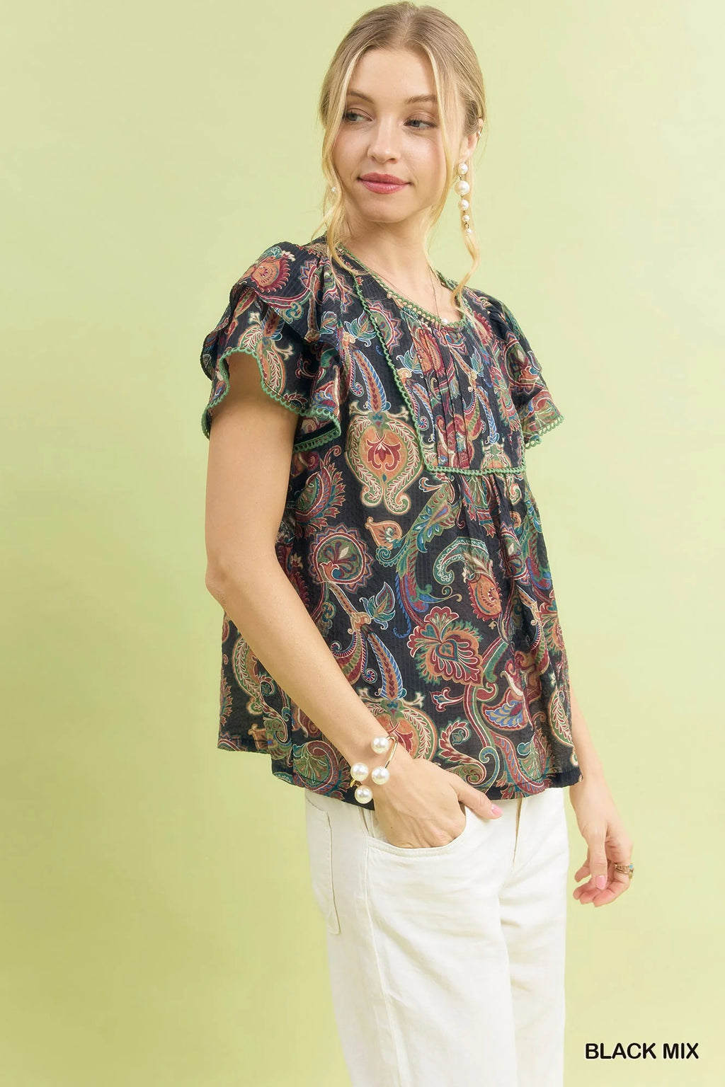 Umgee Mix Paisley Ruffle Sleeve Top