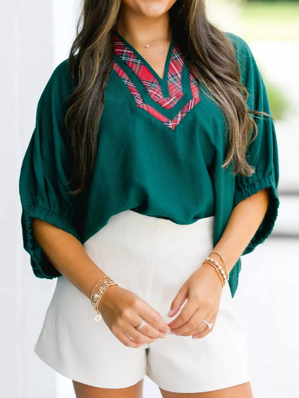 Plaid Trim Half Sleeve Blouse