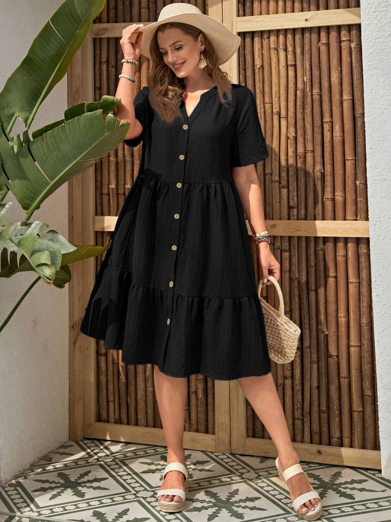 Plus-Size Button-Front V‑Neck Midi Dress