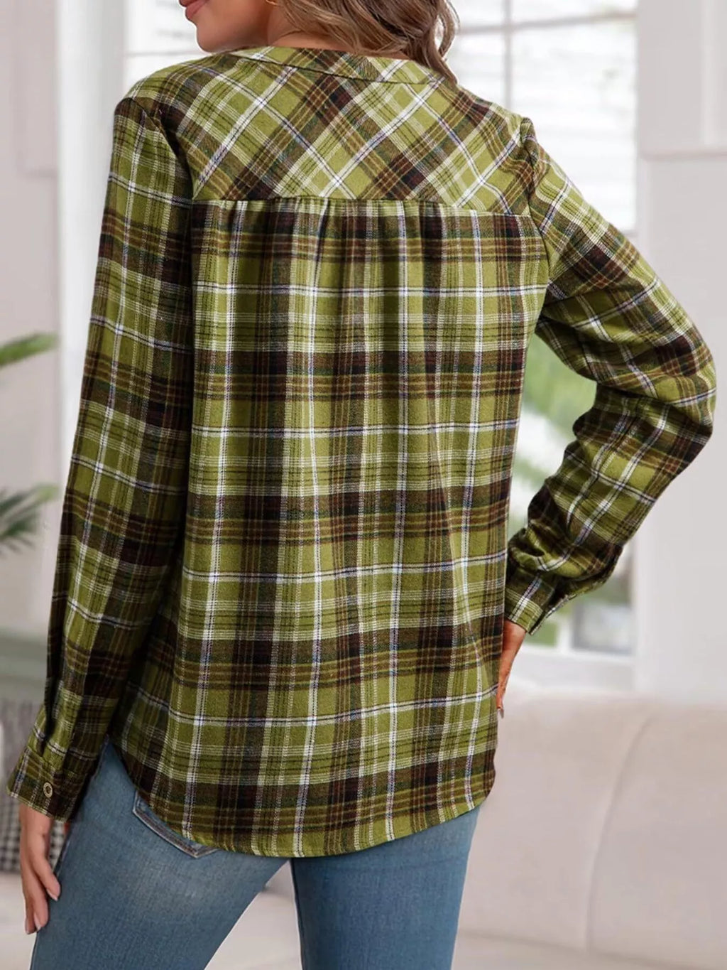 Plaid Half Button Long Sleeve Blouse
