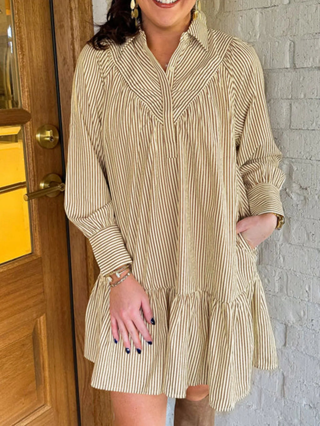 Stripe Collared Neck Cuffed Long Sleeve Drop Waist Mini Dress