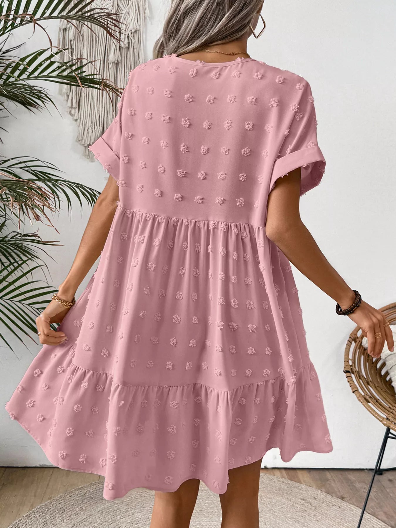 Swiss Dot V-Neck Tiered Mini Dress