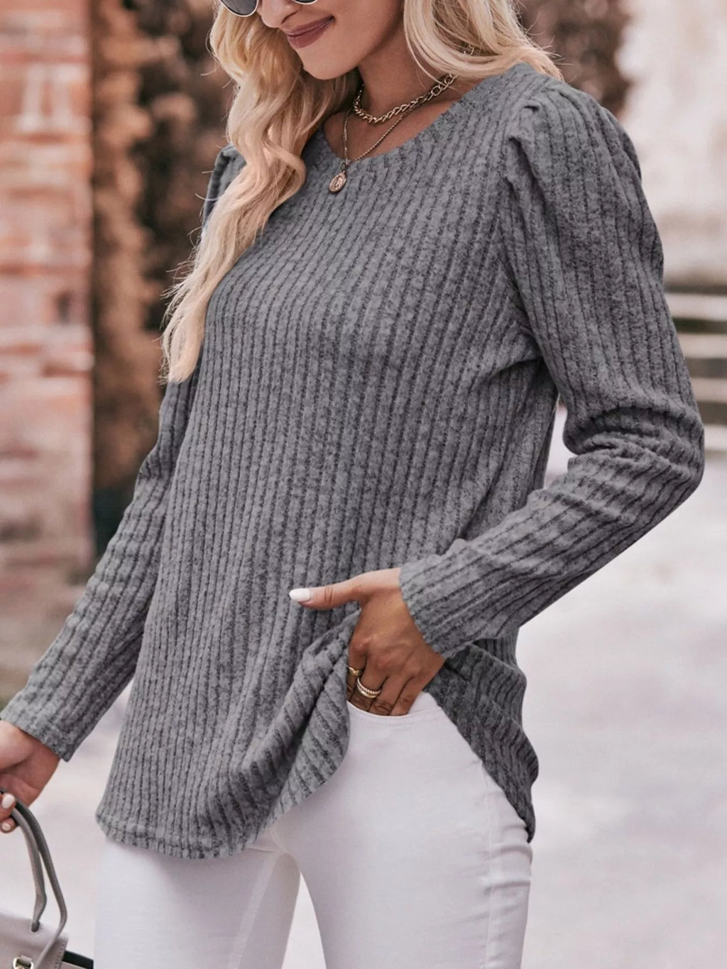 Ribbed Knit Puff Sleeve T-Shirt