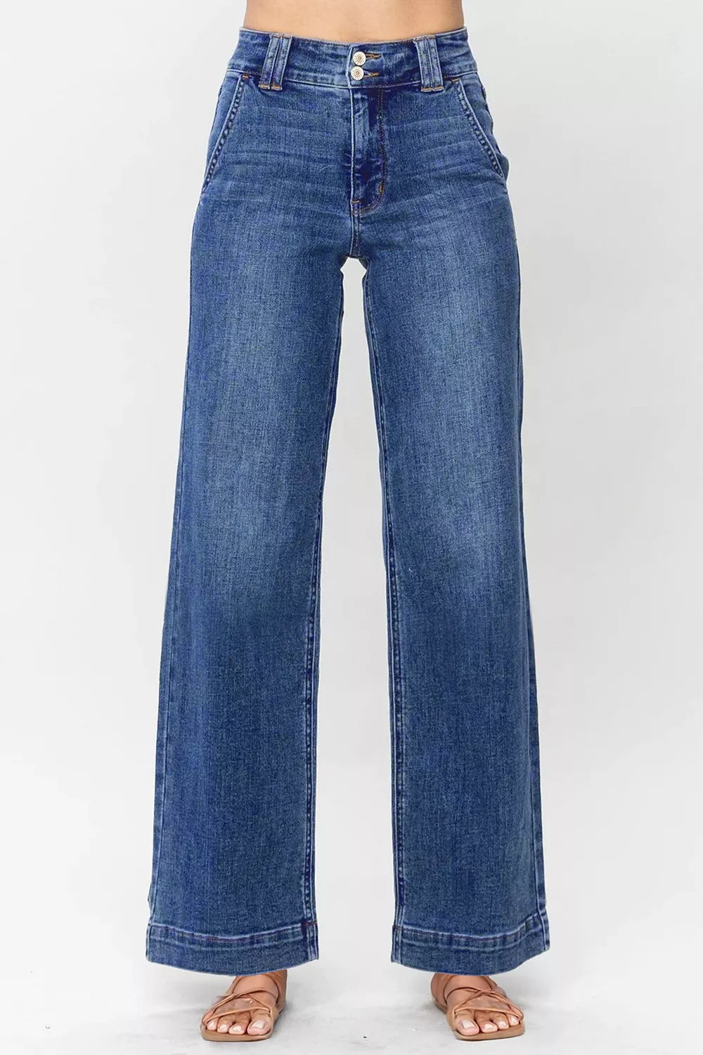 Double Button Zip Fly Straight Leg Jeans