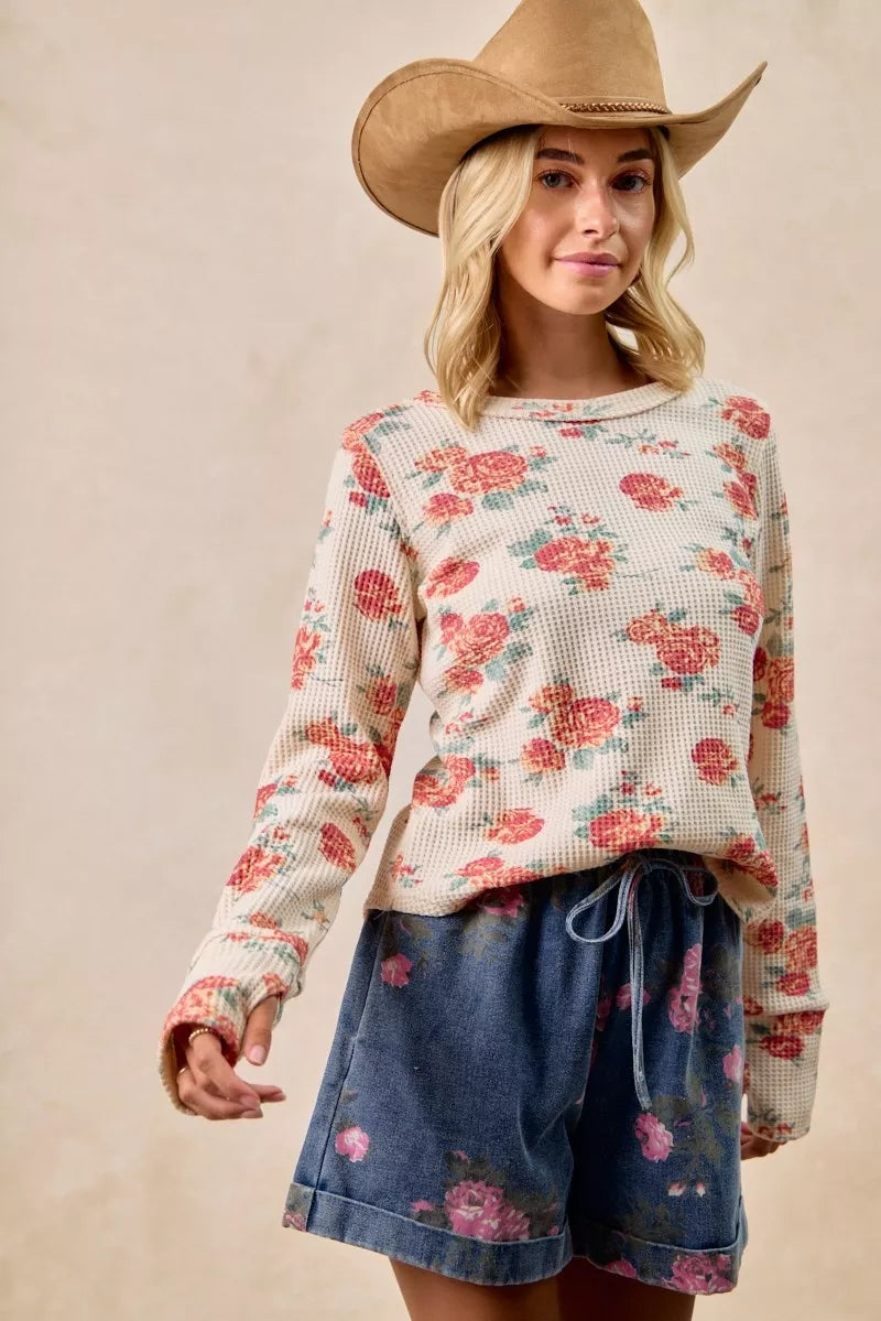 BiBi Floral Print Washed Waffle Thermal Top With Thumb