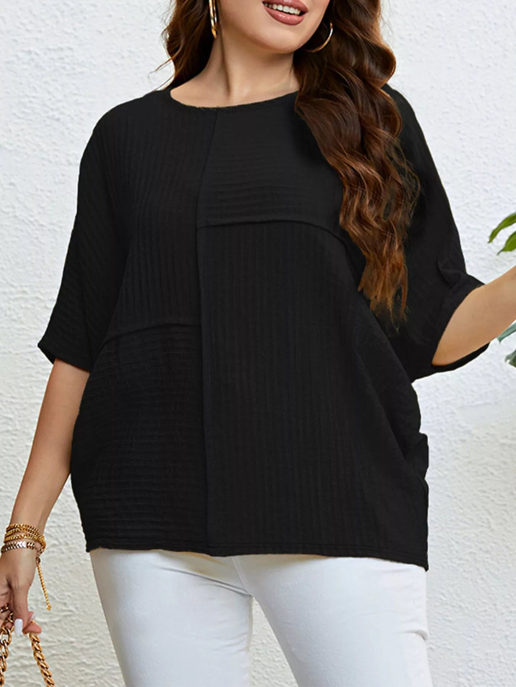 Plus Size Relaxed Fit Textured Half Sleeve T-Shirt