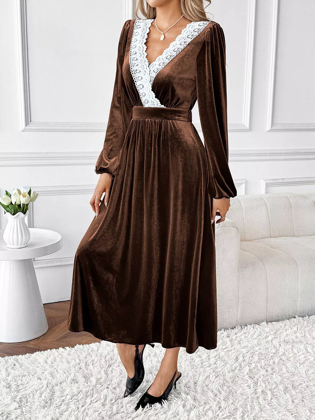 Velvet A-Line Dress with Lace Trim