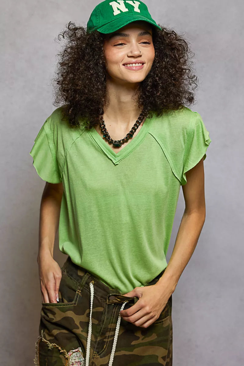 POL V-Neck Short Sleeve T-Shirt with Ruffle Sleeve