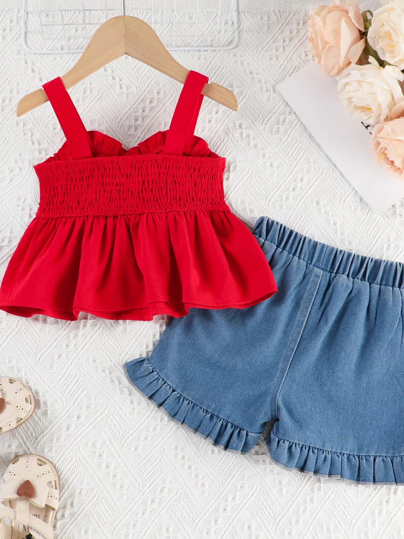 Children's Ruffle Trim Top & Denim Shorts Set