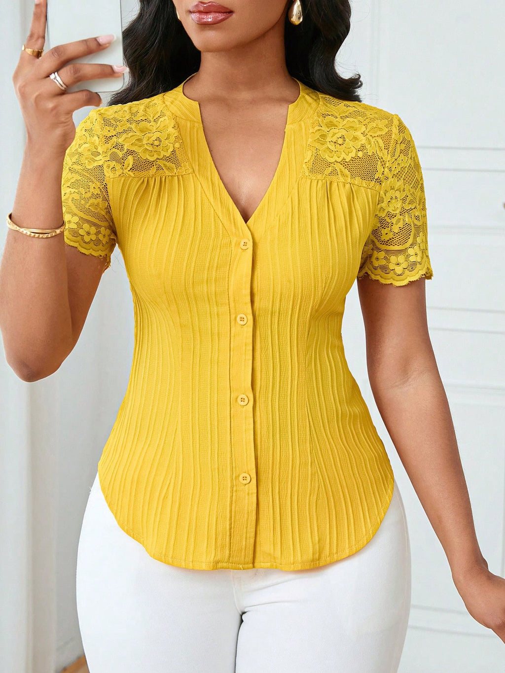 Lace Sleeve Button Up Shirt