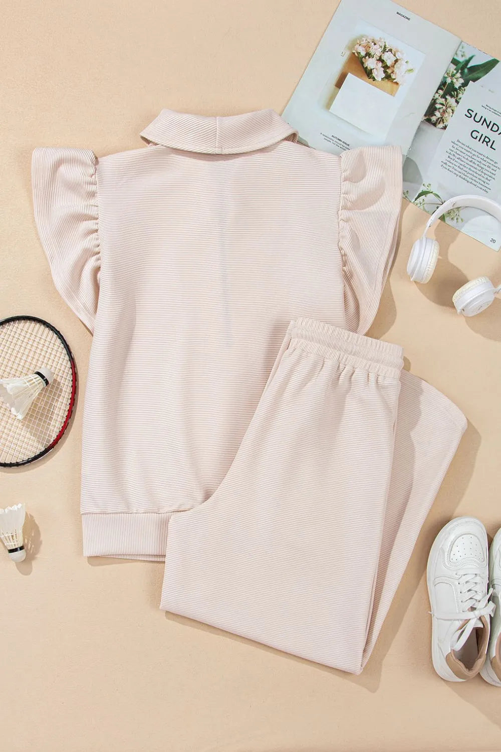 Textured Ruffled Sleeve Zipped Top and Wide Leg Pants Set