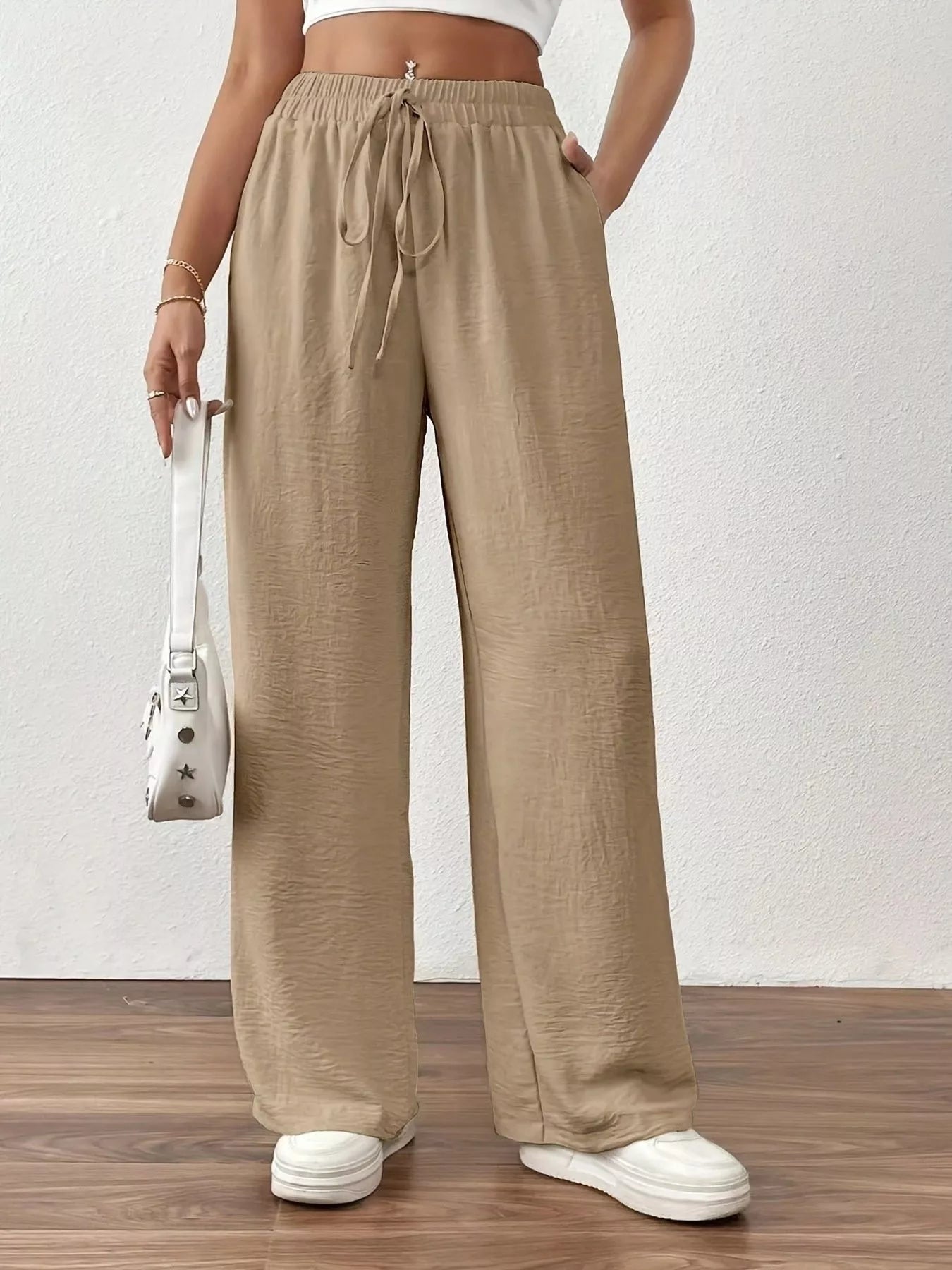 Casual Drawstring Wide Leg Pants