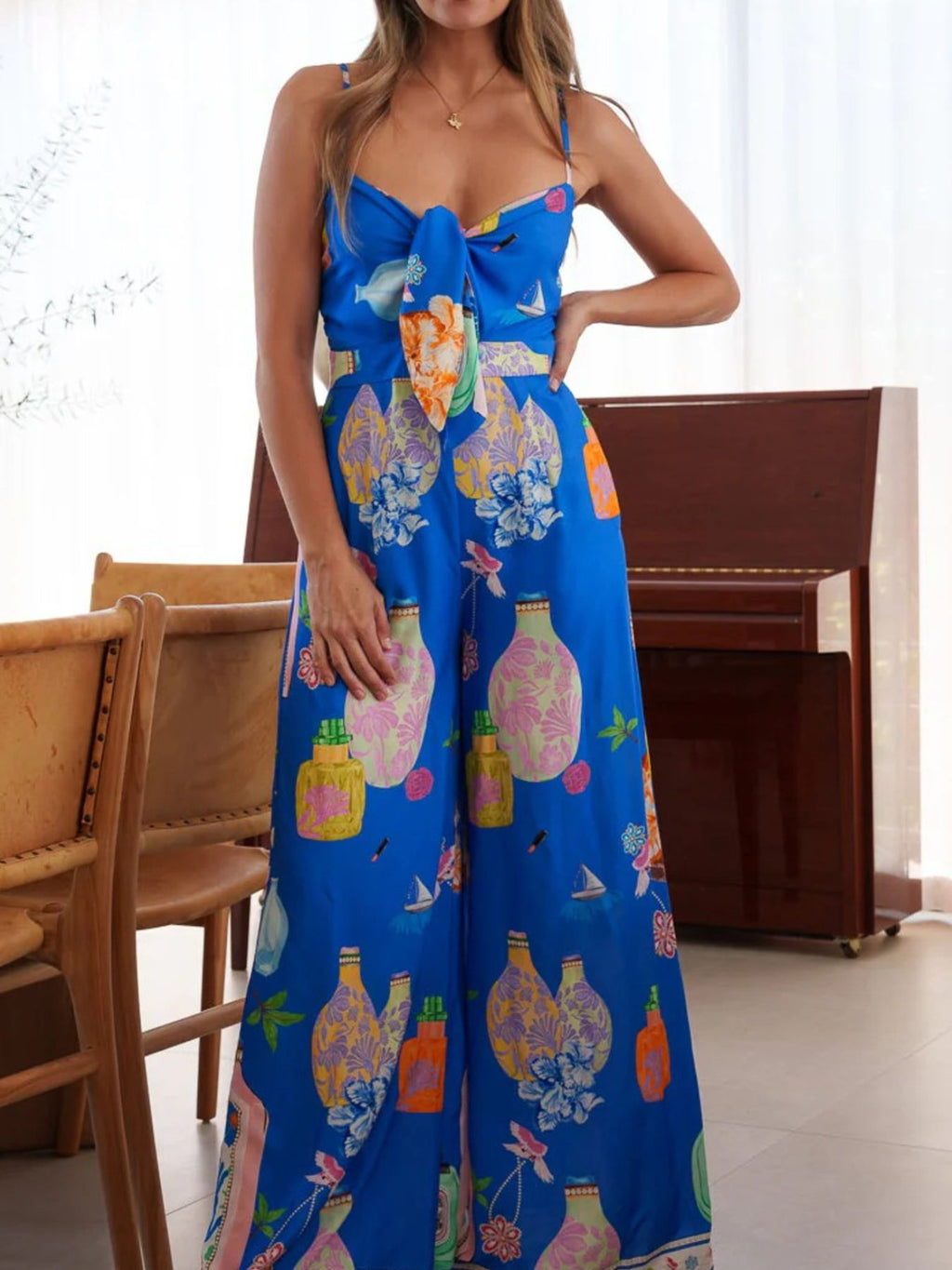 Printed Tie-Front Wide Leg Jumpsuit