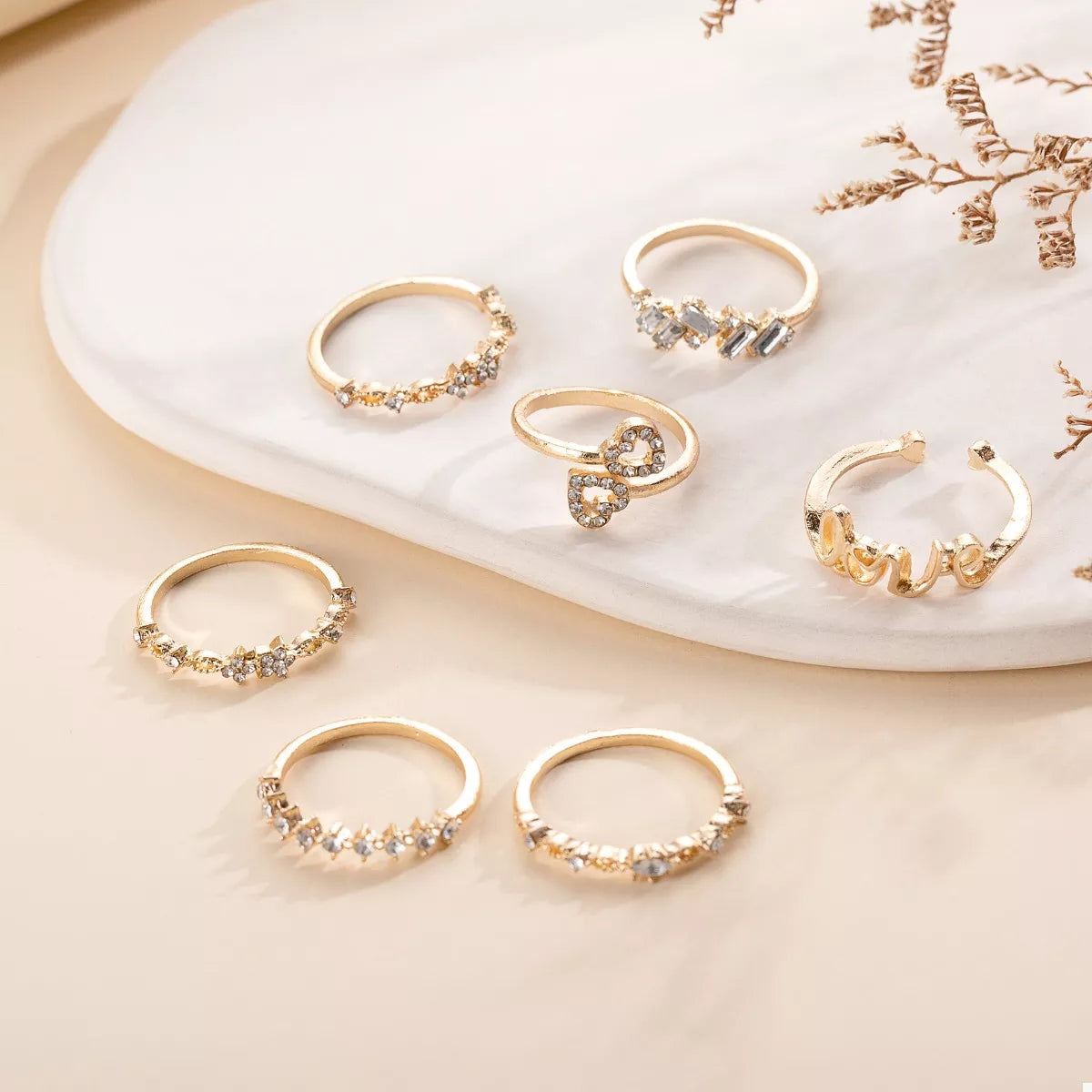 7 Piece 18K Gold-Plated LOVE Zircon Ring Set