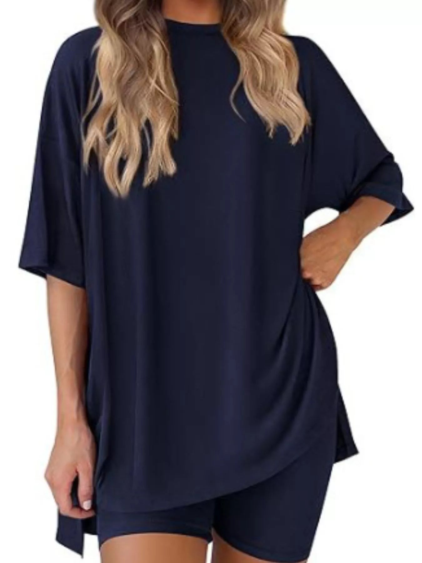 Full Size Relaxed Fit Round Neck Top and Shorts Two-Piece Set Plus Size