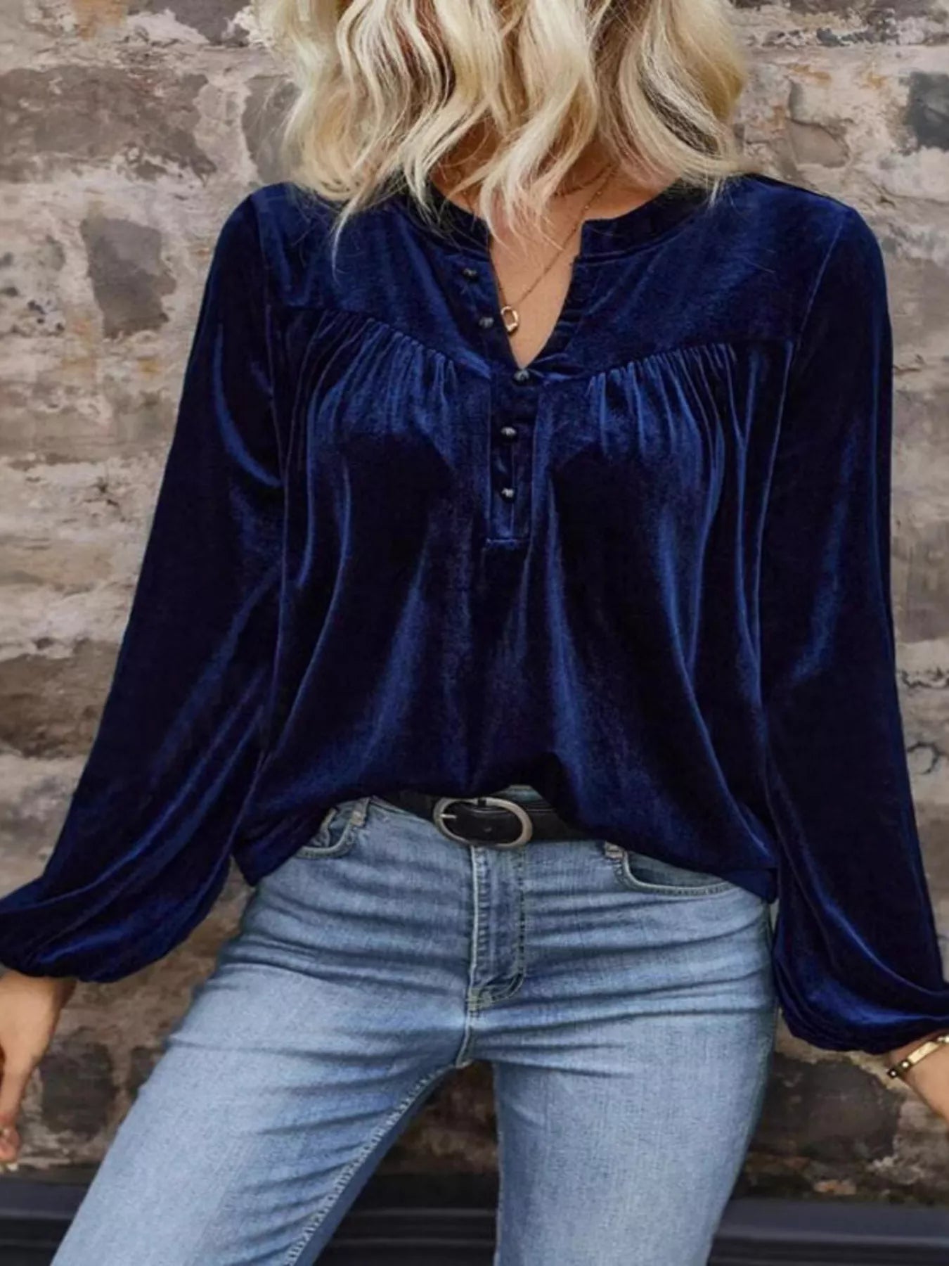 Velvet Notched Long Sleeve Blouse