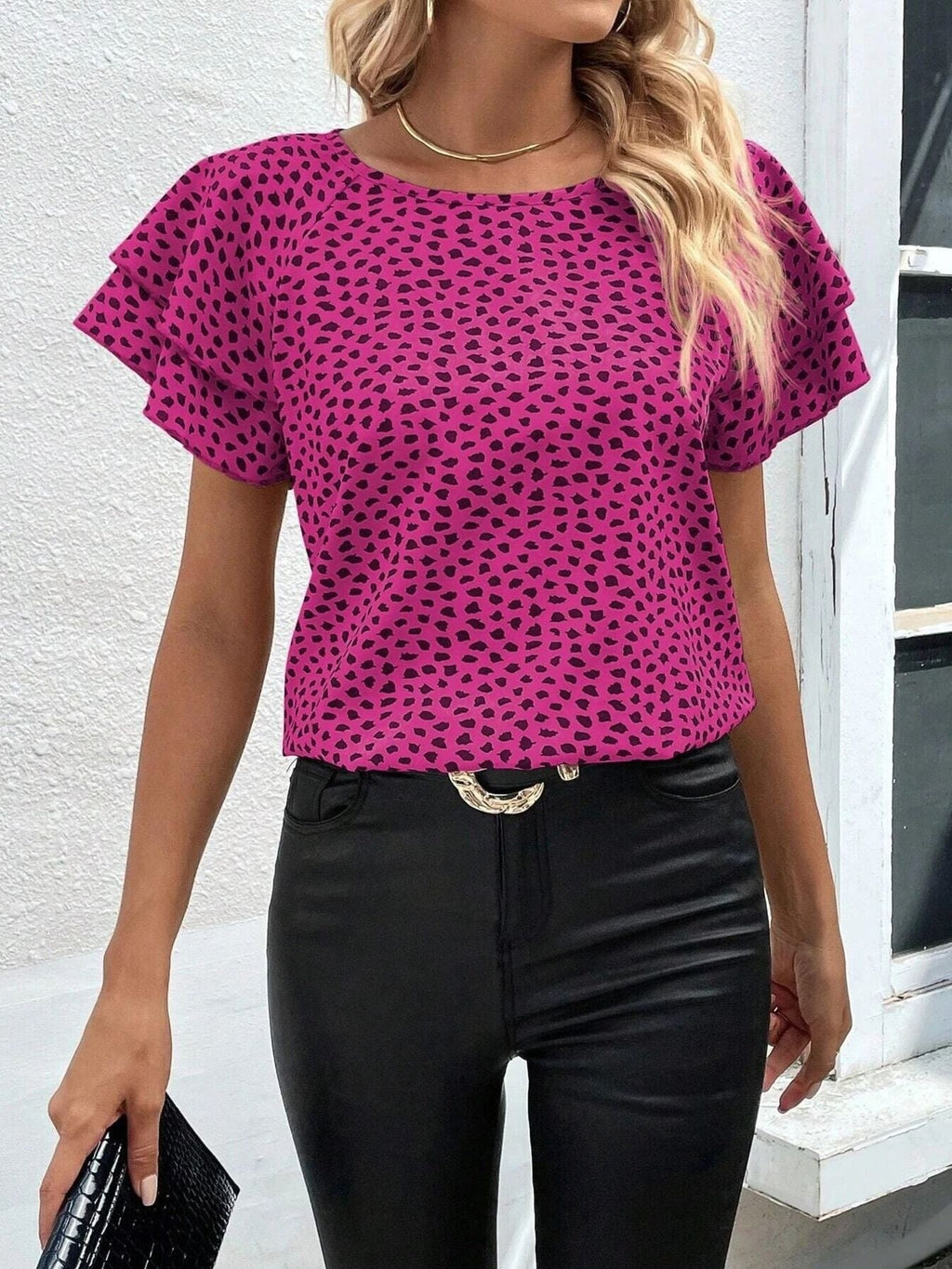 Animal Print Ruffle Sleeve Blouse
