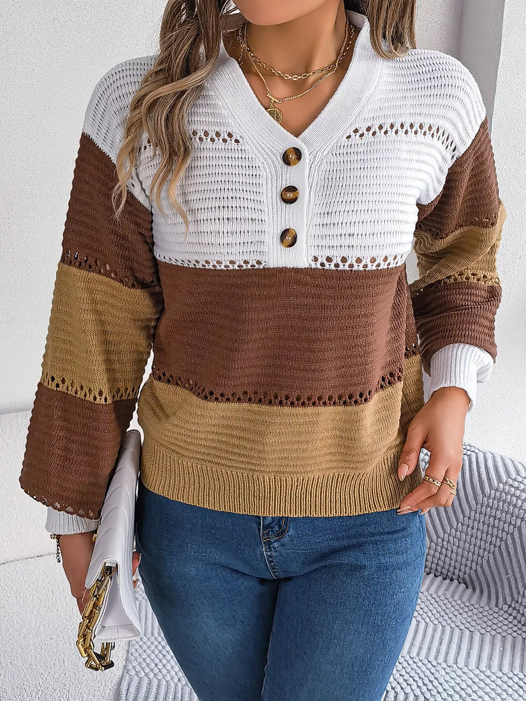 Color Block Striped V-Neck Button Detail Sweater