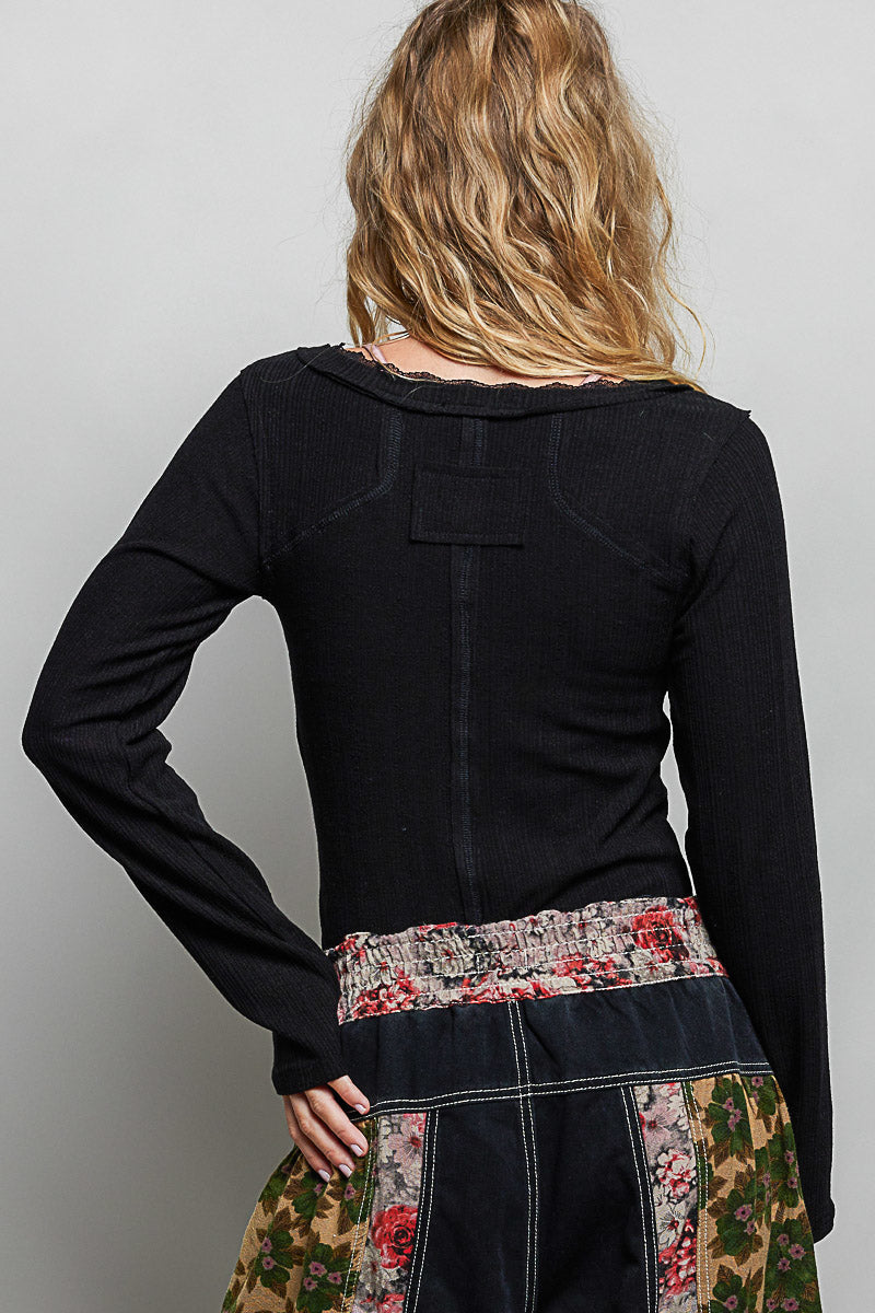 POL V-Neck Long Sleeve Ribbed Top with Lace-Accent Neckband