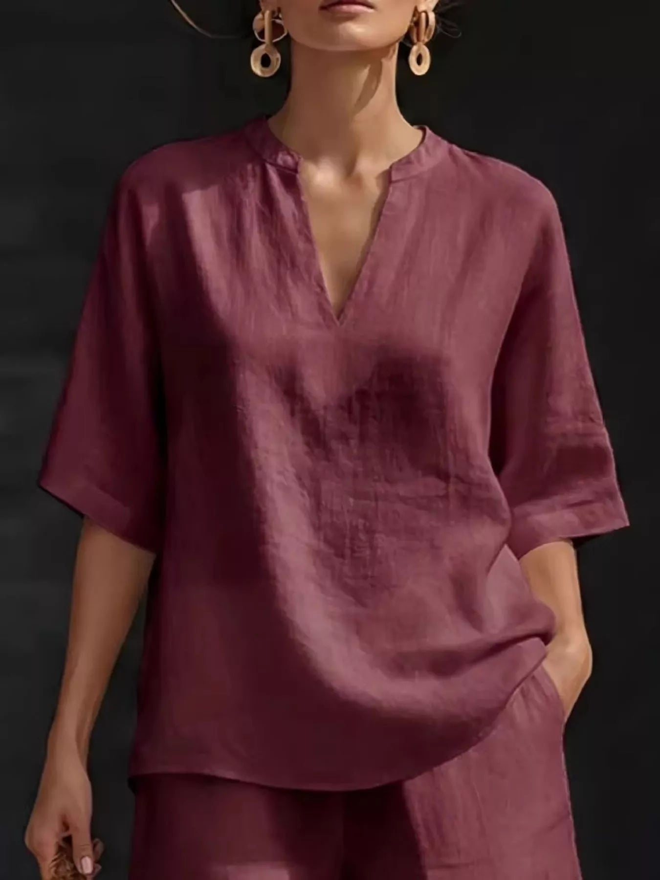 Full Size Notched Half Sleeve Top and Shorts Set Plus Size