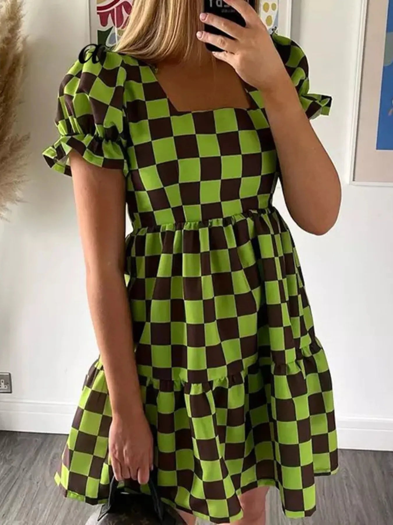 Checkered Short Sleeve Tiered Mini Dress