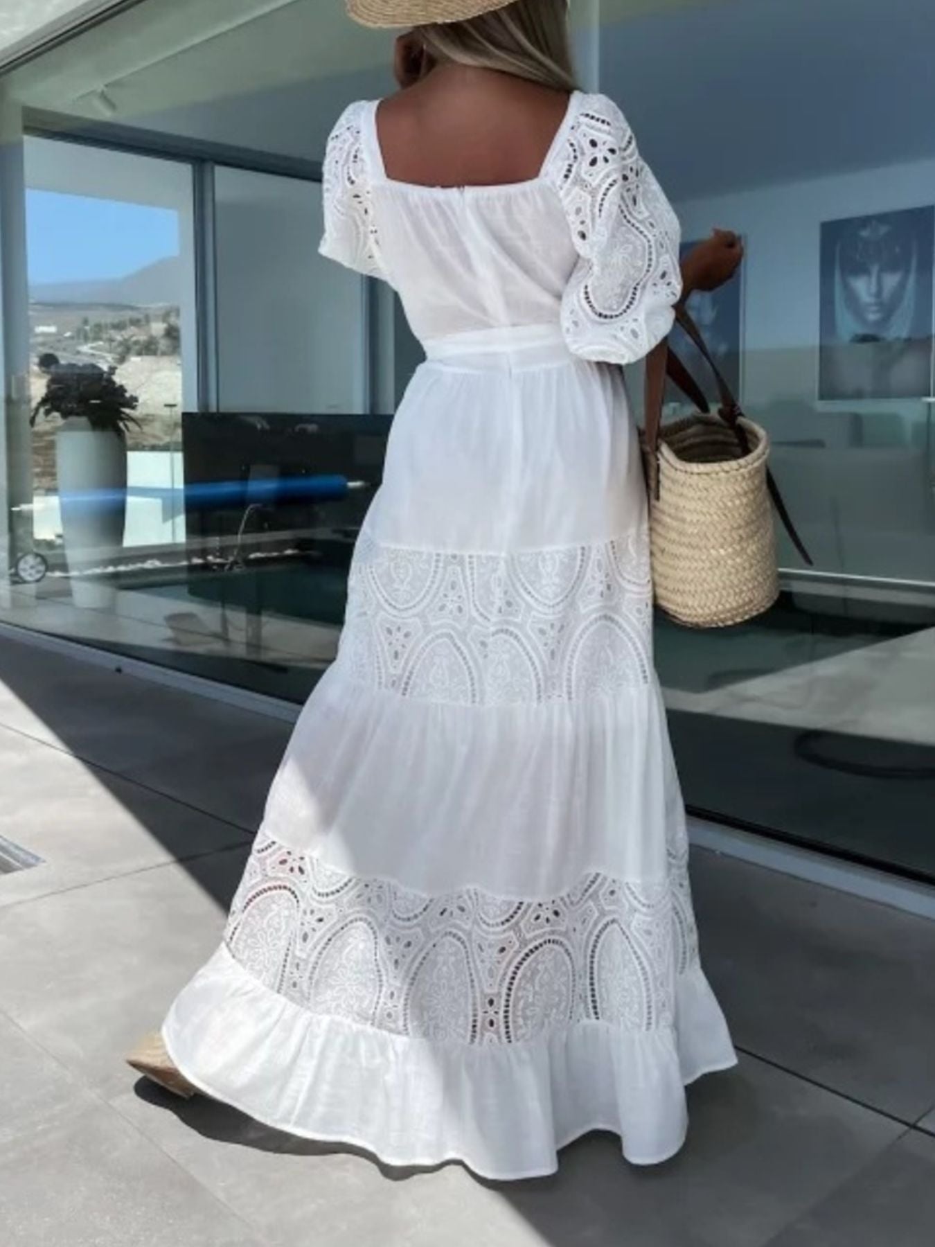 Lace Sleeve Belted Tiered Ruffled Maxi Dress
