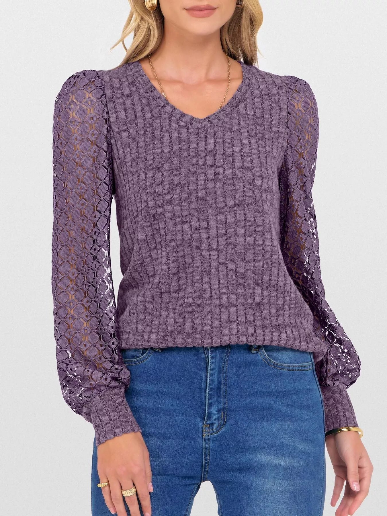 Lace Sleeve V-Neck T-Shirt