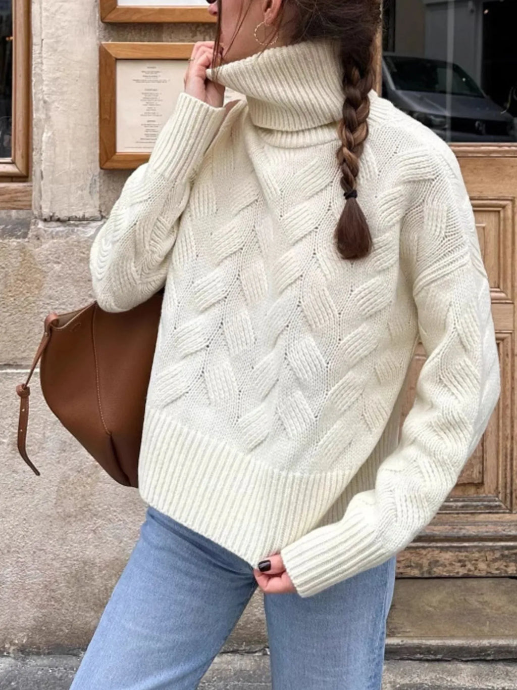 Ribbed Hem Turtleneck Long Sleeve Sweater