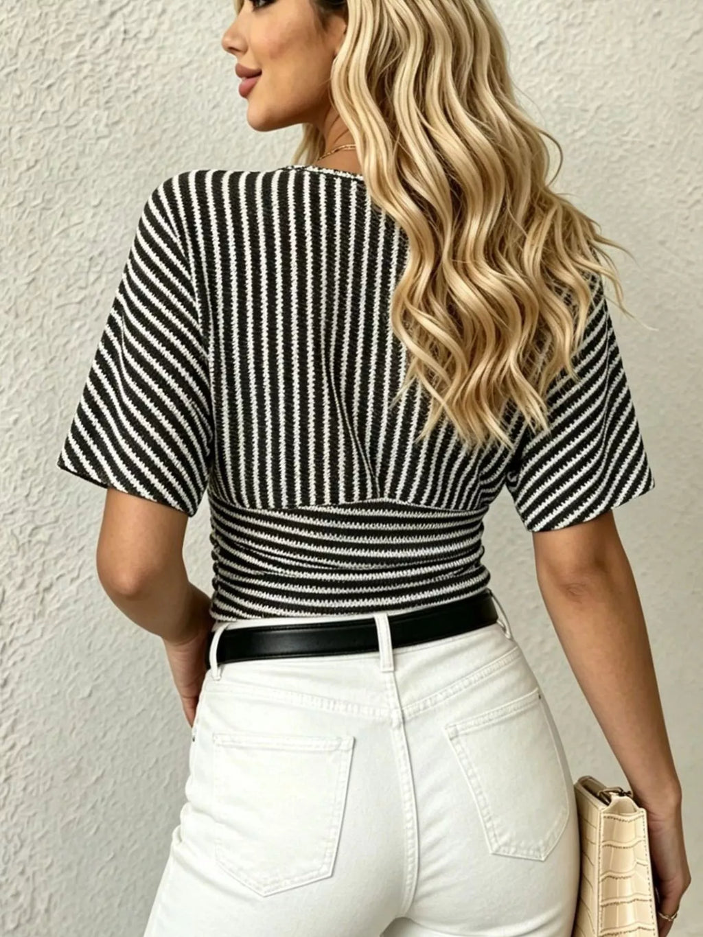 Striped Surplice Short Sleeve Top