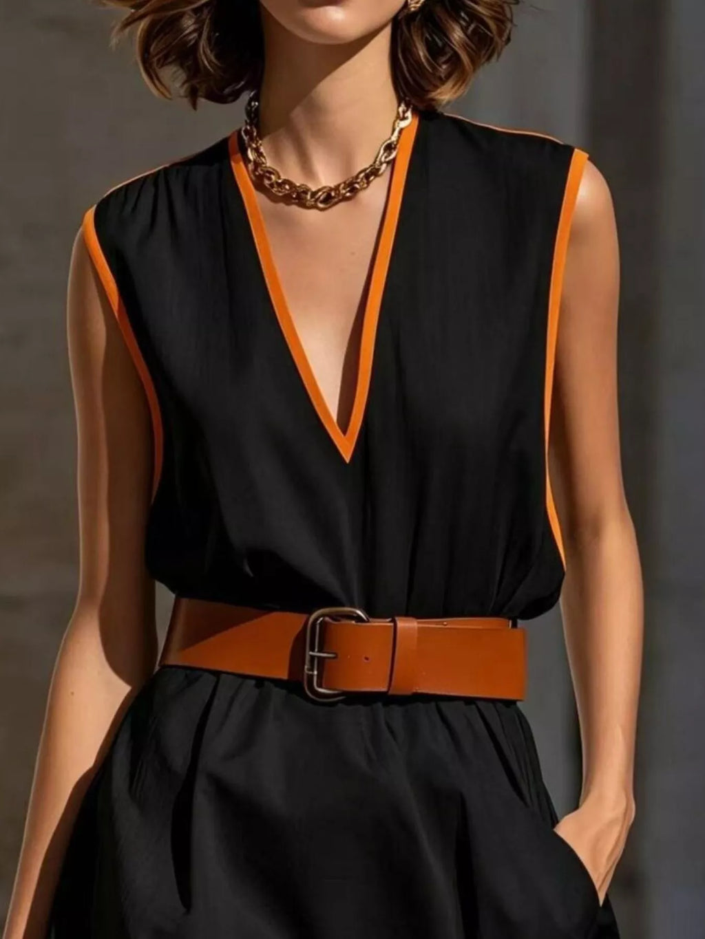 Contrast Trim V-Neck Sleeveless Dress