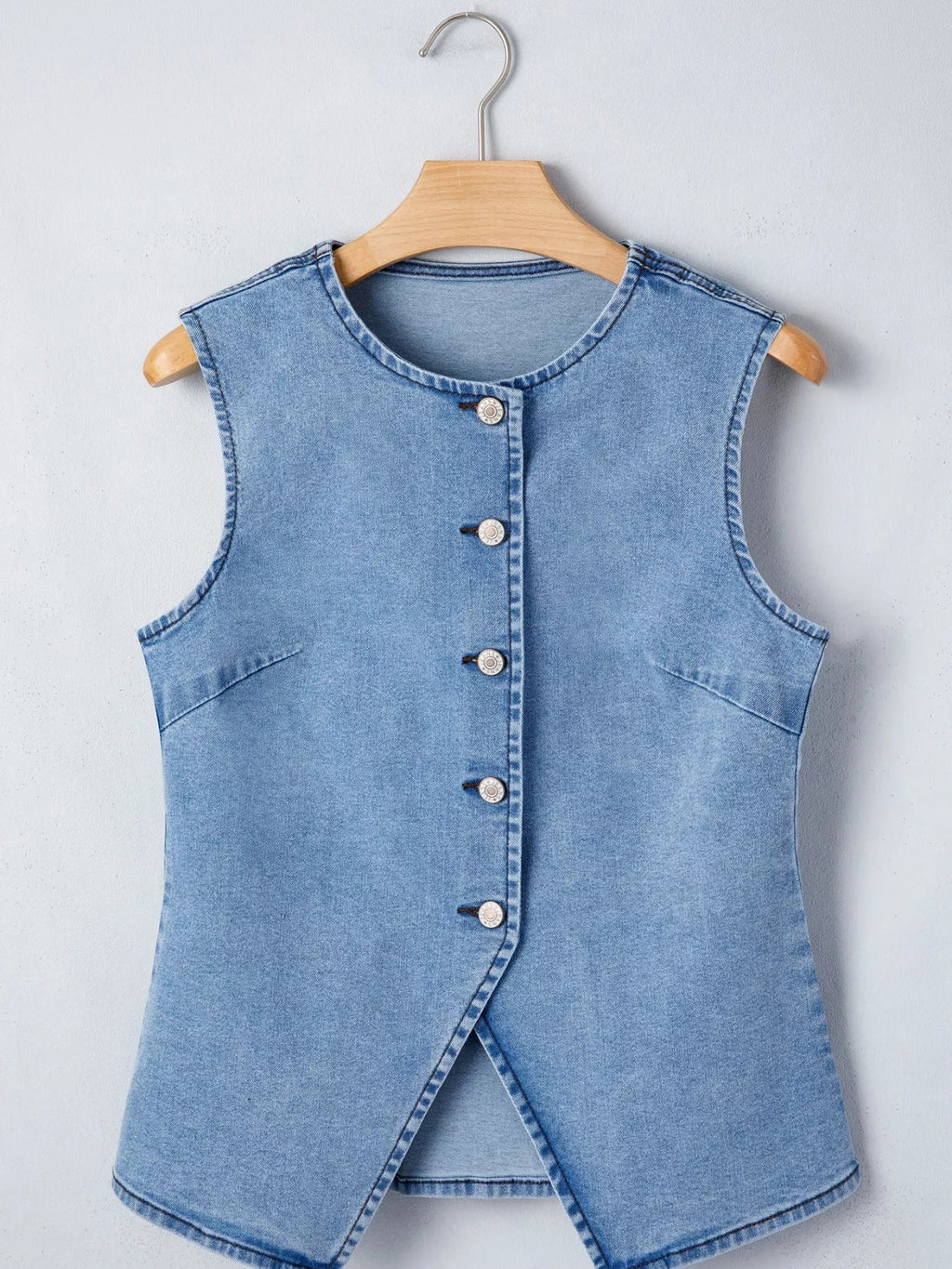 Buttoned Front Slit Denim Vest