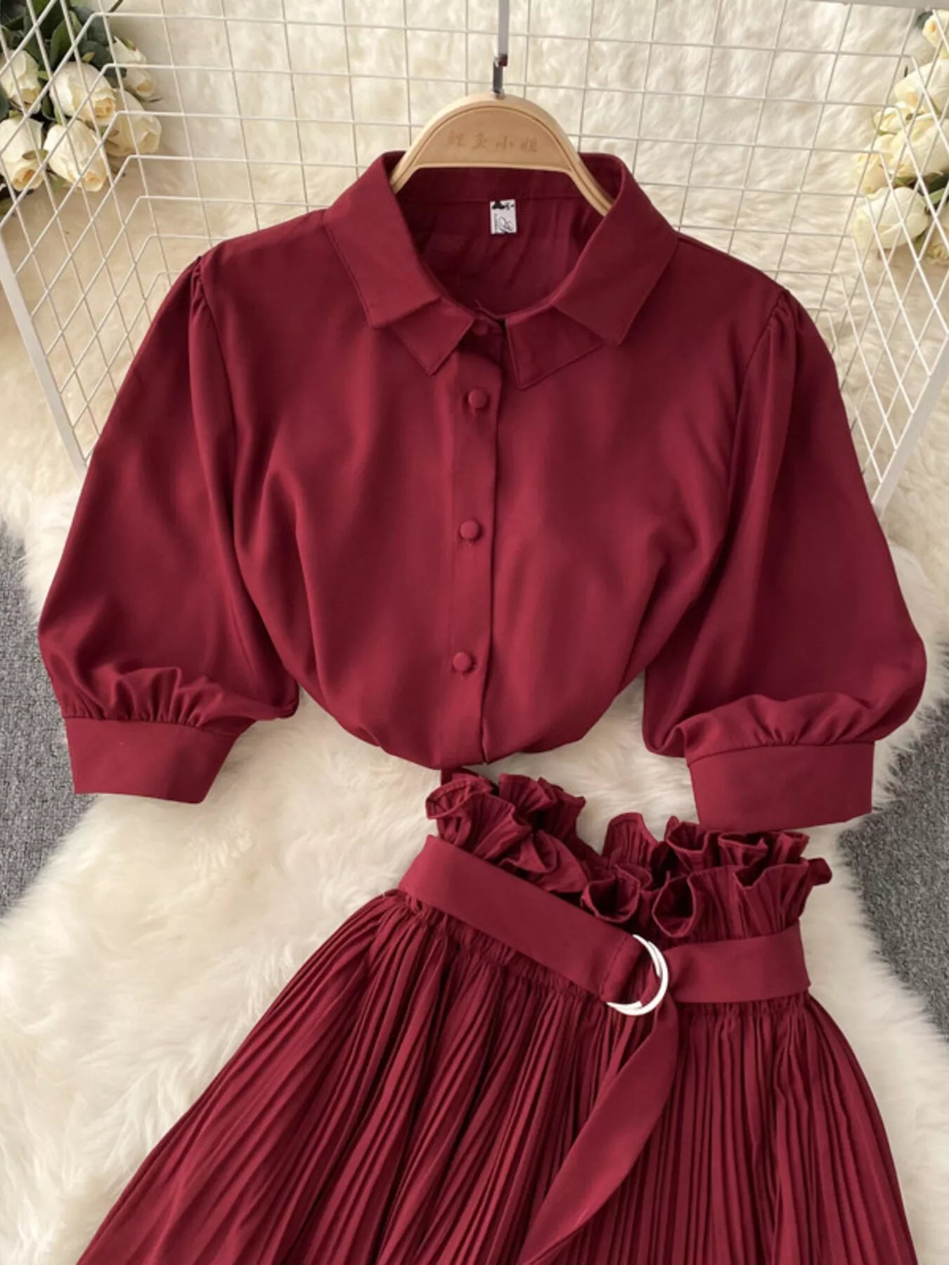 Puff Sleeve Shirt and Pleated Skirt Set