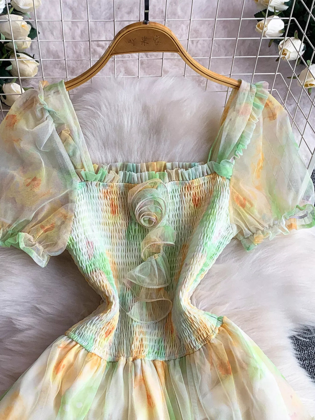 Smocked Floral Tiered Mesh Midi Dress