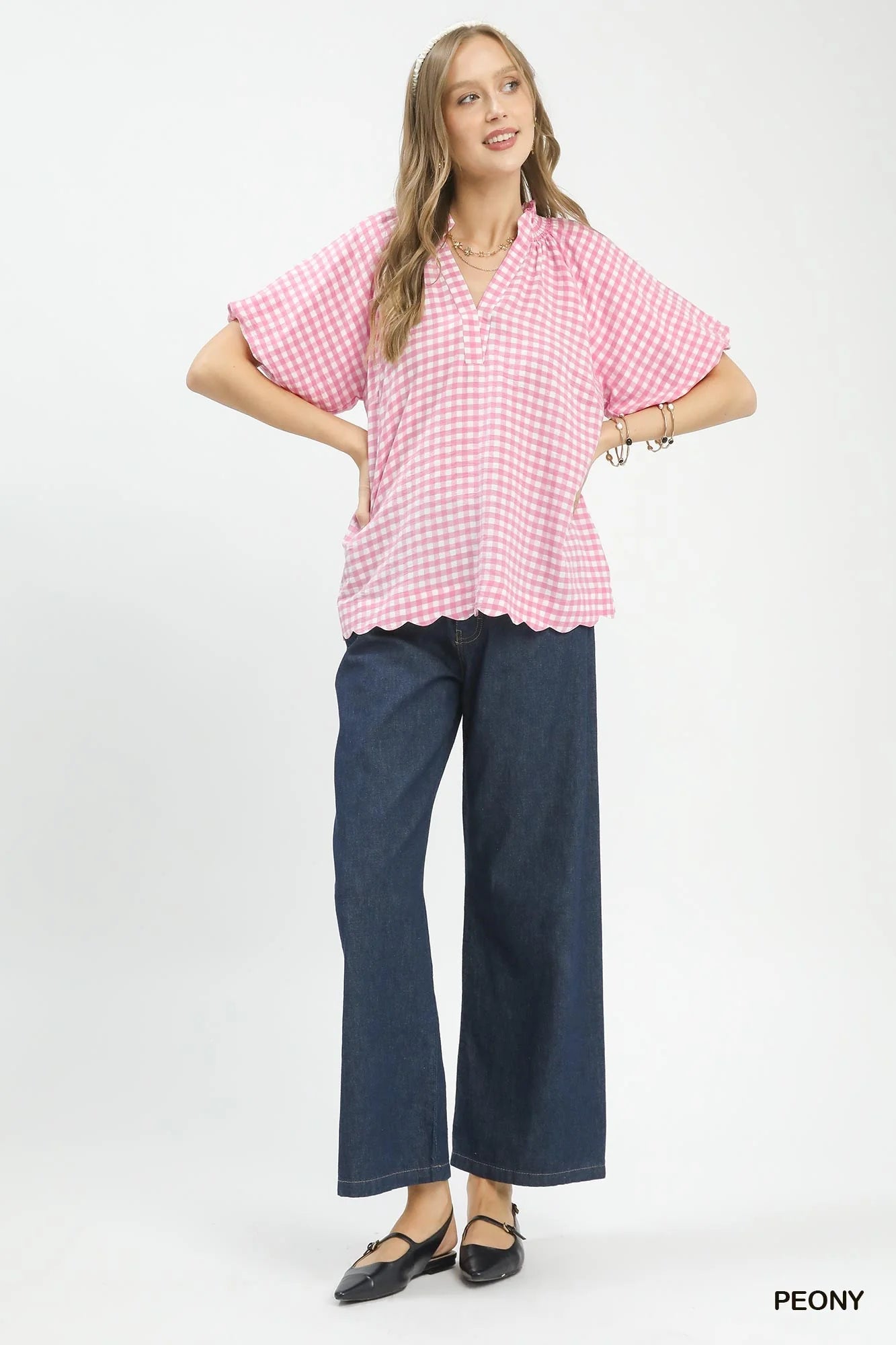 Umgee Gingham Bubble Sleeve Blouse with Scallop Hem