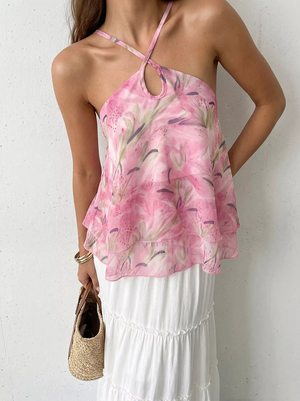 Floral Print Halter Neck Flowy Cami
