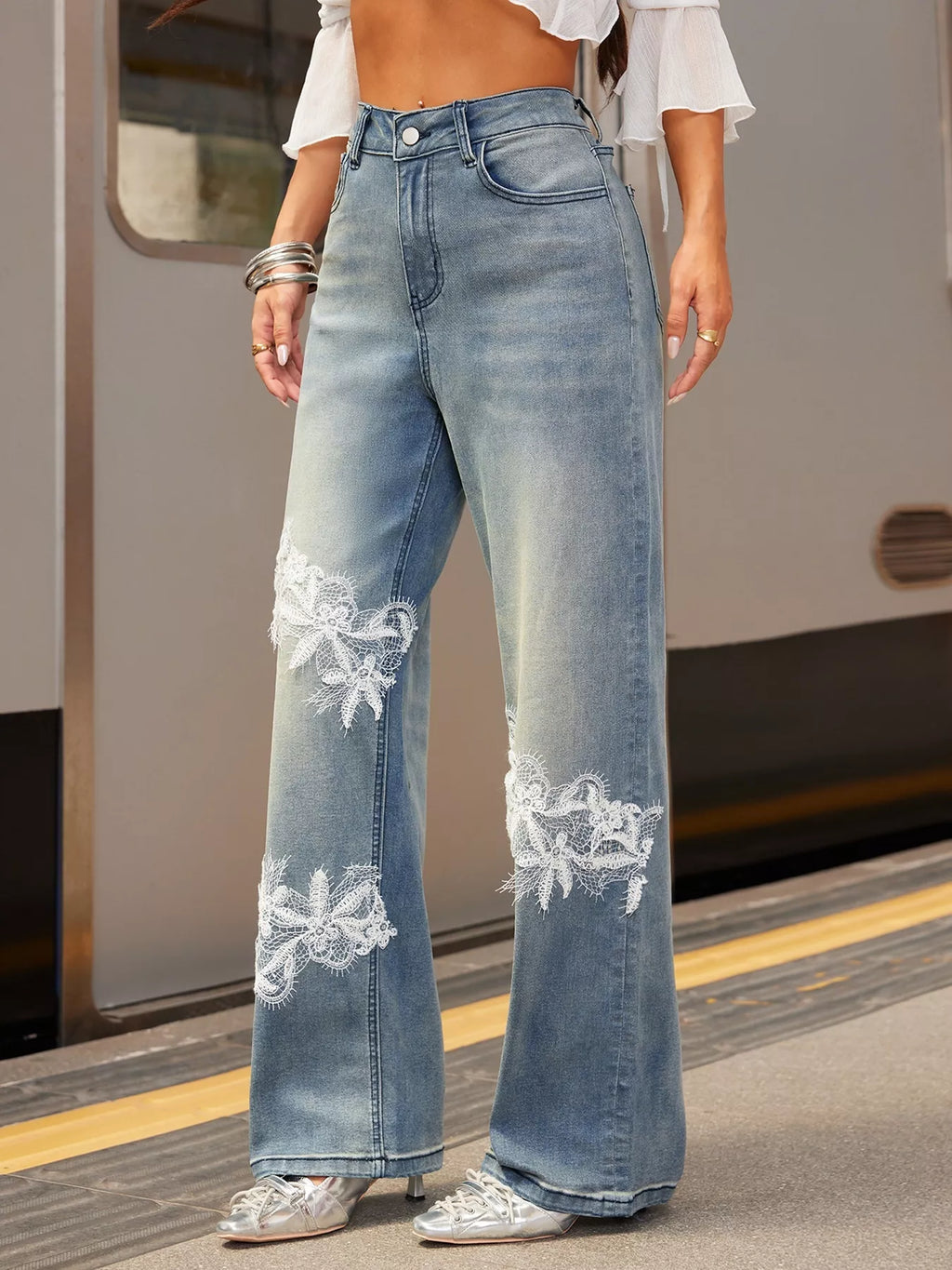 Lace Detail Wide Leg Jeans