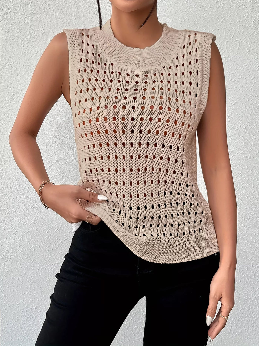 Hollow Out Round Neck Knit Tank