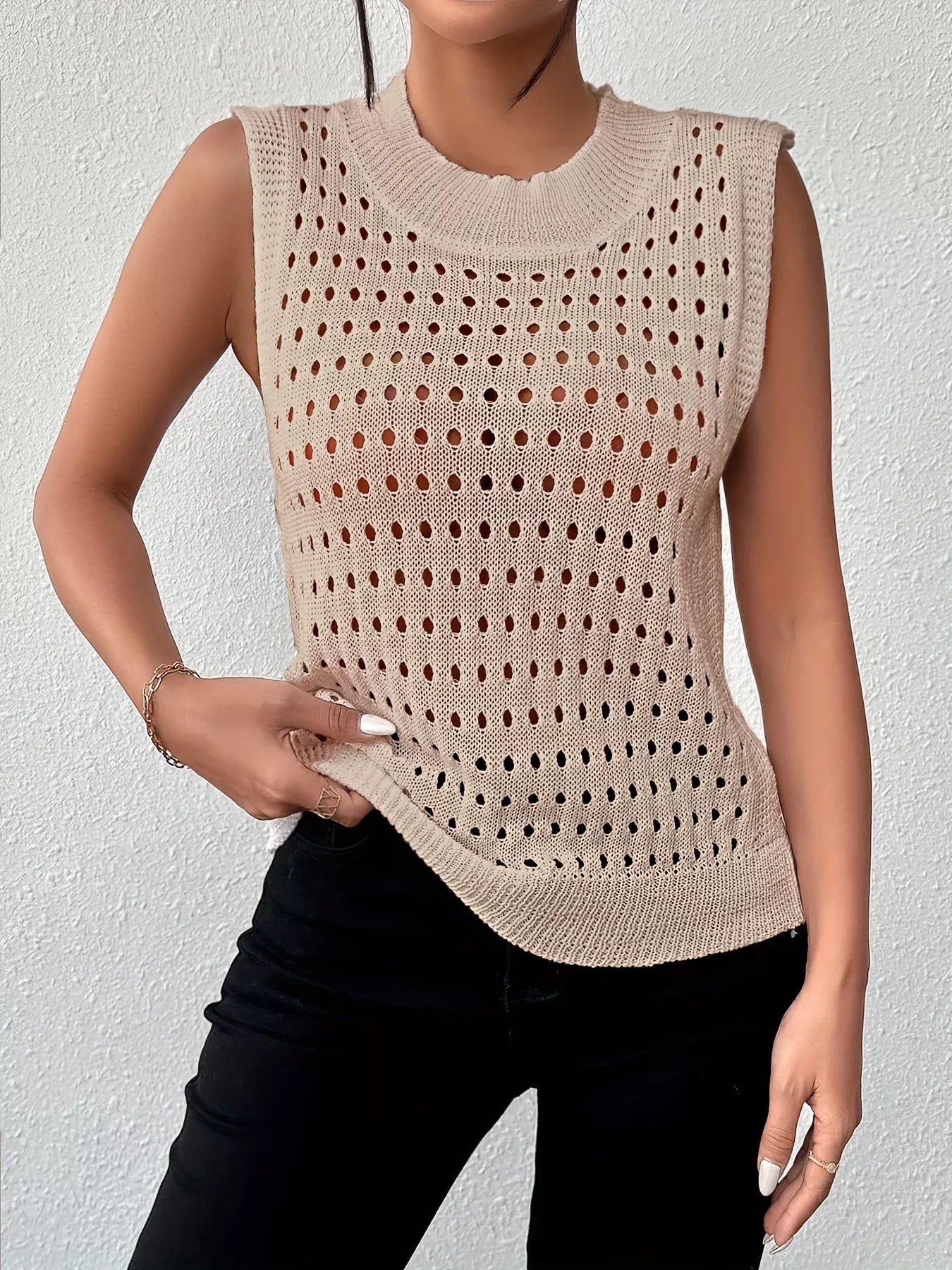 Hollow Out Round Neck Knit Tank